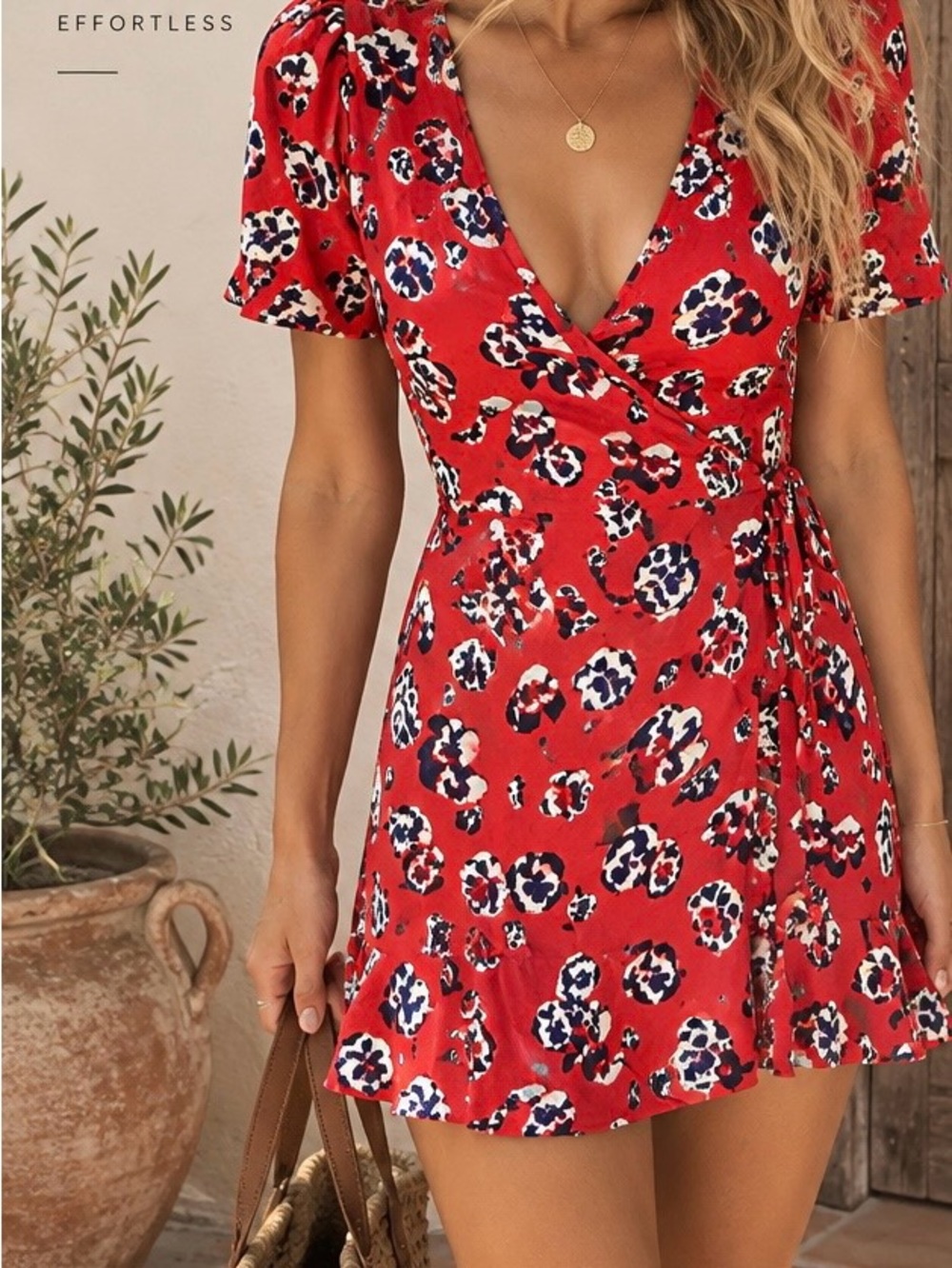 Réalisation Par Red Floral Mini Dress with Navy & White Print
